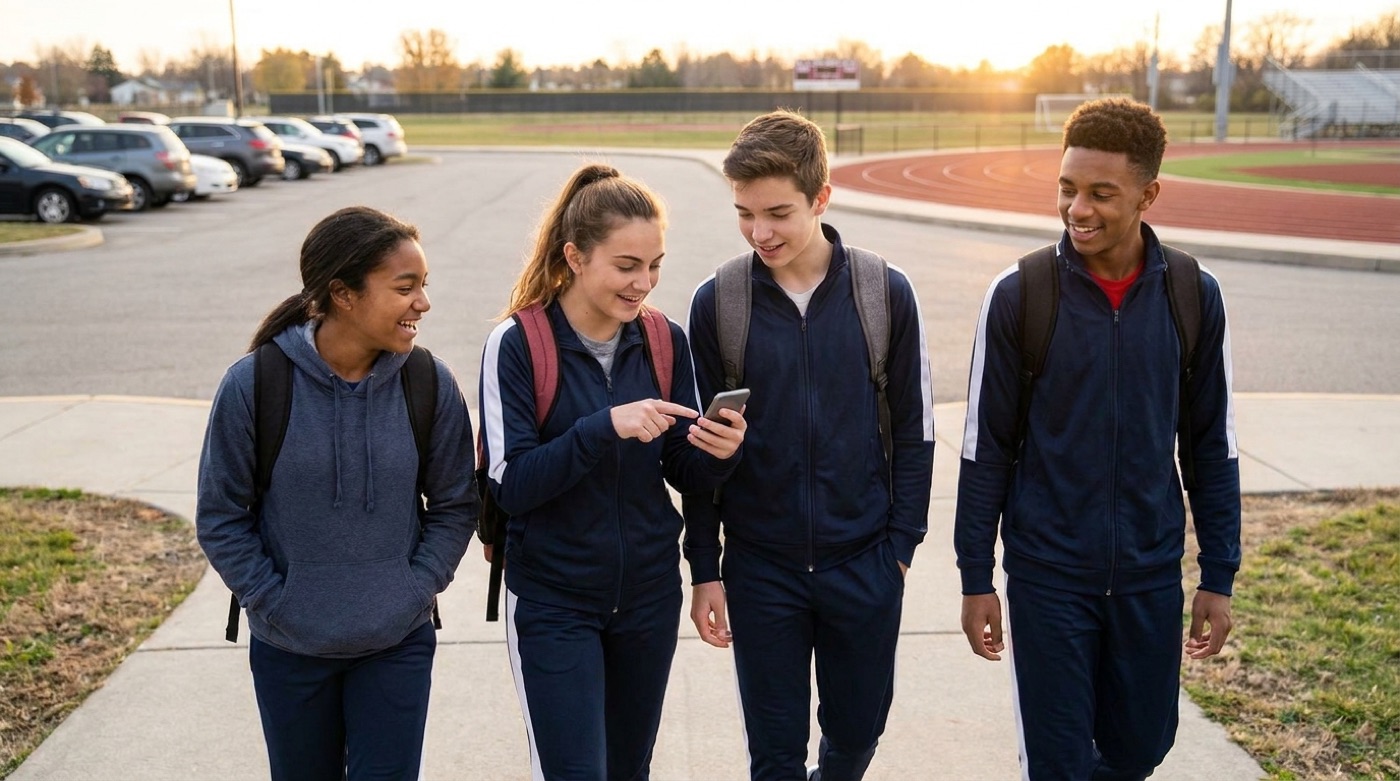 Two teenage athletes with backpacks walking from the parking lot to the track at golden hour, checking the day's workout on a phone